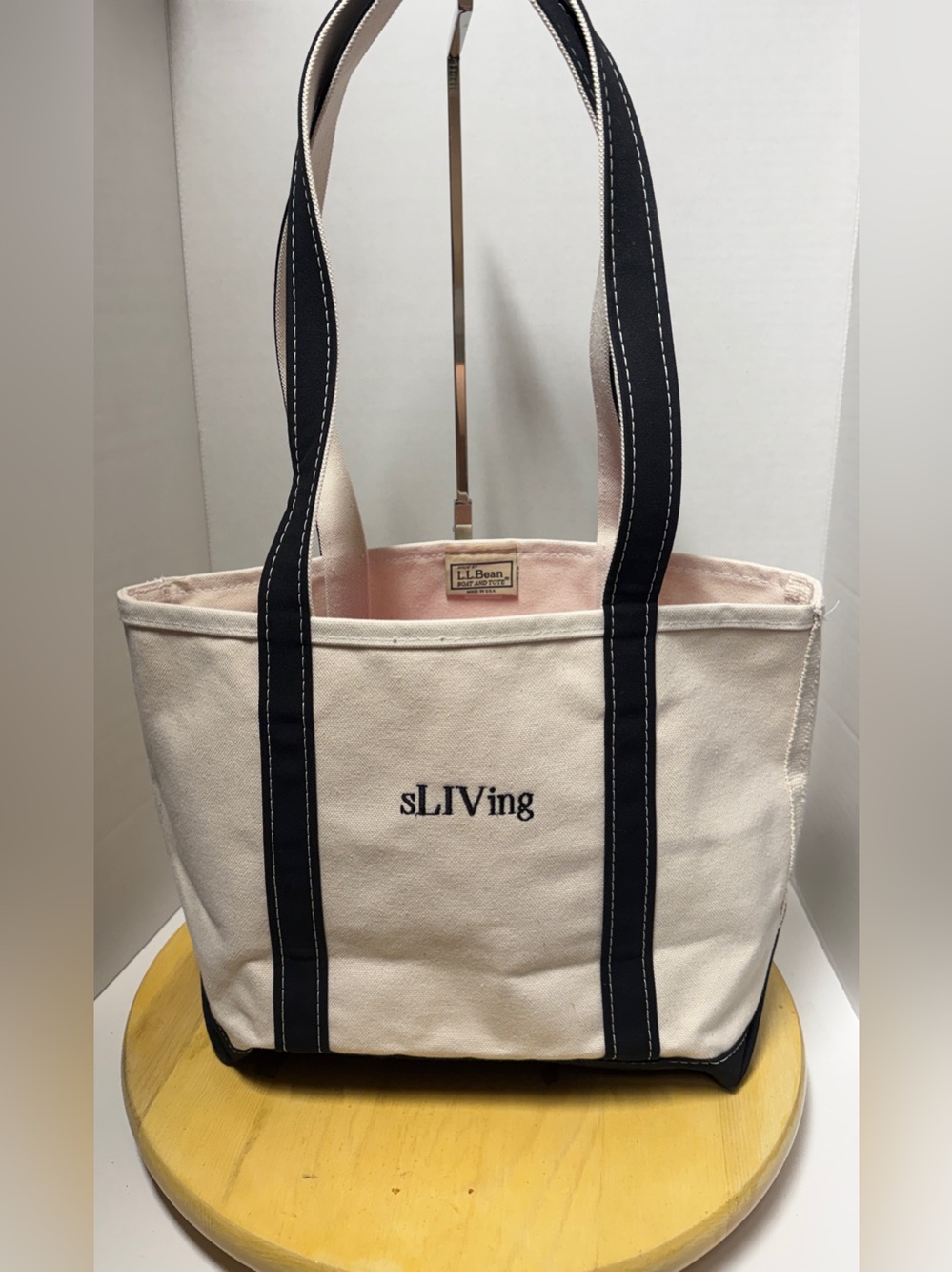 L.L. Bean Off White Boat and Tote Custom Cotton Canvas Bag Black Long Handles